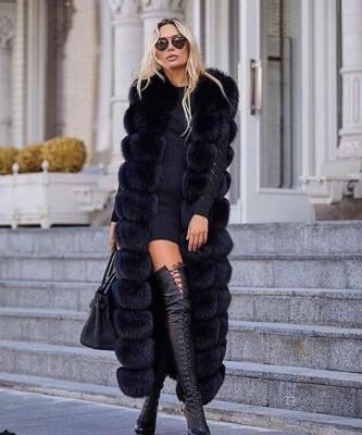 China QUICK DRY Customized Genuine Fox Fur Vest Women Winter Super Long Overcoat Stunning Black Real Fox Fur Vest Coat for sale