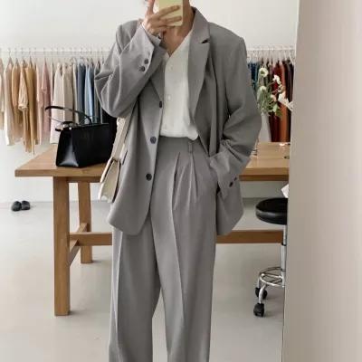 China FY015 Anti-Wrinkle Women's 2 Piece Outfit Loose Gray Single Breasted Autumn Casual Blazer And Pencil Suit Set for sale