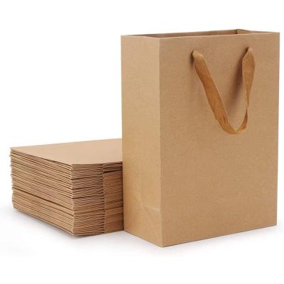 China Recyclable Custom Logo And Pattern Brown Kraft Paper Bag Grosgrain Ribbon Handle Bags for sale