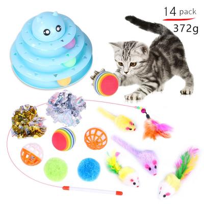 China Interactive Pet Stocked 14pcak Cat Turntable Catnip Mouse Fish Riddle Feather Wand Magic Wand Set for sale