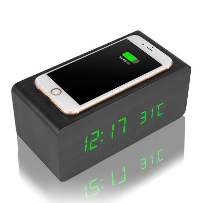 China Best Gift Eclectic Promotional Custom Logo Phone Qi Wireless Charger Digital LED Alarm Clock Wooden Table Clock for sale