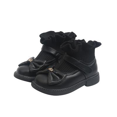 China Girls Bow-knot Contact Strap Leather Textile Boots Anti-Slip Kids Bootie With Ribbed Knit Stretch Inserts Toddler Little Kids Warm Shoes for sale