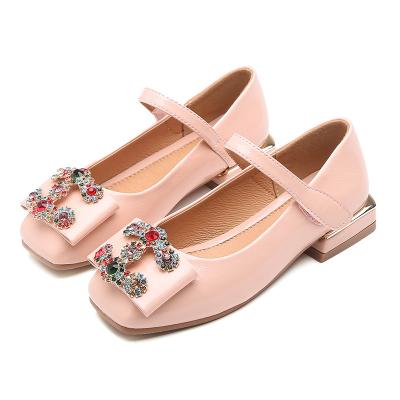 China Girls Lightweight Rhinestone Embellished Bow Flats Square Heels Princess Leather Kid Student Dress Shoes Toddler /Little/Big Kids PU for sale