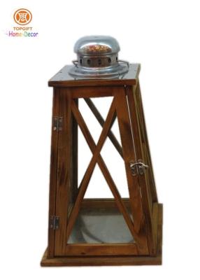 China Rustic Tapered Hurricane Wood Candle Lantern with Glass Panes Style for sale