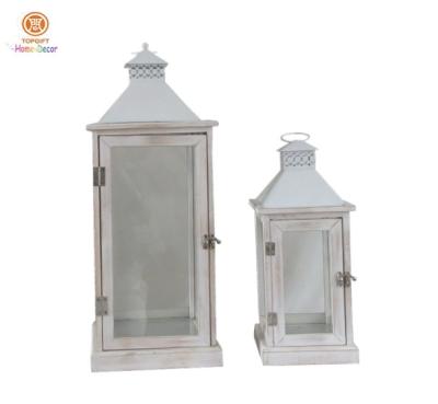 China Rustic White washed  Wedding Wood Candle Lantern Set of 2 Single Package  for Church Decro for sale