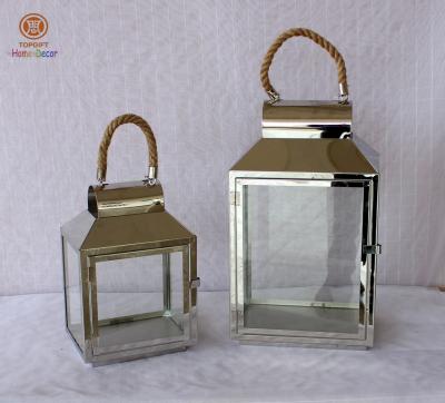 China Unique Metal Stainless steel hanging candle lanterns with rope handle for sale