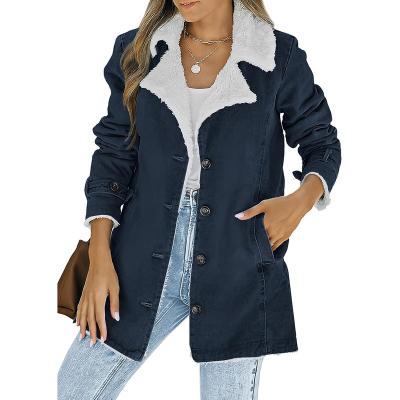 China Anti-wrinkle Women's Winter Jean Jacket Stand Collar Wool Coating Warm Sherpa Denim Coats Pockets Thicker Outerwear for sale