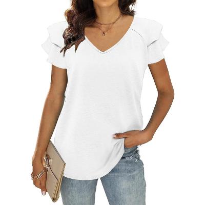 China Women's Summer Breathable Tops Ruffle Short Sleeve Tunic Tops Loose V-Neck Fit Flowy T-Shirts for sale