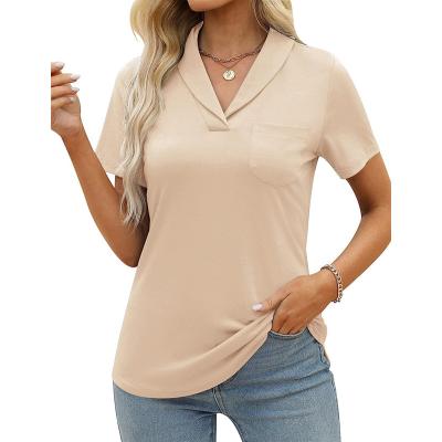 China QUICK DRY Women's Short V Neck Polo Shirts Business Casual Collared Elegant Tops Work Tunic Blouses With Pocket for sale