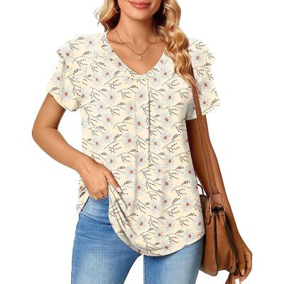 China Breathable Women's Petal Sleeve Tops V Neck Short Sleeve Shirts Summer Casual T-shirts Cute Loose Fit Blouses for sale