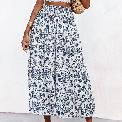 China Breathable Women 2023 Spring Summer Floral Skirts Casual Elastic Waist Long High Pleated Swing A Line Boho Beach Maxi Skirt for sale