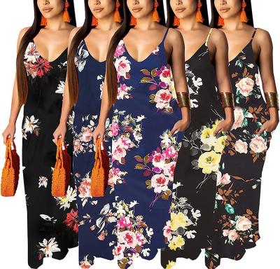 China 2023 Women's Summer Breathable Sexy Beach Maxi Dresses Casual Bohemian Floral Floor Length Sleeveless Plus Size Sundresses With Pockets for sale