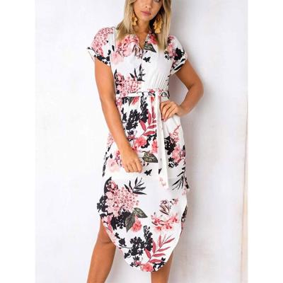 China Women's Midi Sleeve V-Neckline Short Casual Dress Summer Breathable Floral Geometric Pattern Dresses With Belt S-2XL for sale