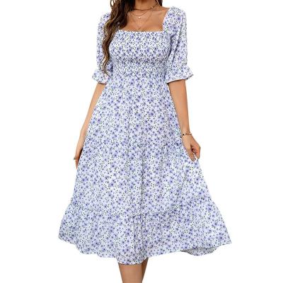 China Women's Breathable Floral Print Dresses Square Neck Short Sleeve Dress Flowy Midi Casual Dresses for sale