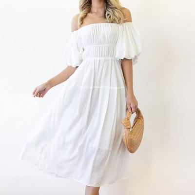 China 2023 Breathable Women's Boho Sexy Off Shoulder Puff Short Sleeve High Waist Ruffled Flowy A Line Beach Party Midi Dress for sale