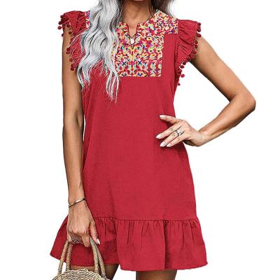 China KIRUNDO 2023 Summer Women's Floral Embroidered Flowy Boho Ruffle Shift Dress Breathable V-neck Sleeveless Mini Dress Casual for sale