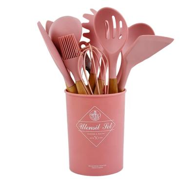 China Viable Colorful Silicone 12pcs Wooden Handle Kitchen Utensils Set for sale