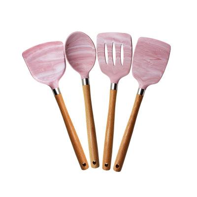 China Viable Creative Silicone Pink Marble Texture Beech Wood Handle Kitchen Utensil Sets for sale