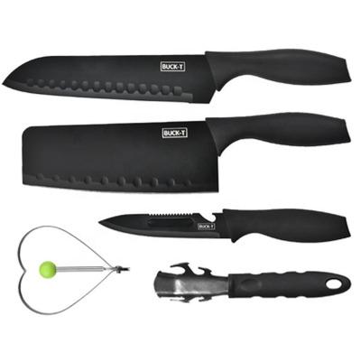 China Durable Premium Black Stainless Steel 5pcs Kitchen Knife Set With Hear Shape Egg-Frying Ring for sale