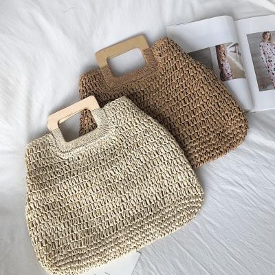 China 2021 Fashion Hotsale Environmentally Friendly Square Handle Straw Handbags Big Capacity Tote Wooden Ladies Beach Bags for sale