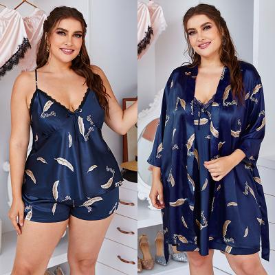 China Summer QUICK DRY Silk Pajamas OEM/ODM Satin Pajamas Pants Short Sleeve Cropped Camisoles Set 4 Pcs Satin Robe Women Plus Size Pajama Sets for sale