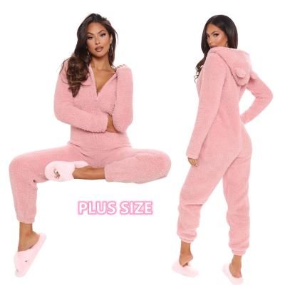 China Winter Plus Size Hooded Plush One Piece Thermal Teddy Cute Sleepwear Fuzzy Pjs Warm Plus Size Velvet Pajamas Overalls Lounge Wear For Women for sale