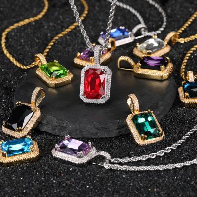 China TRENDY Hip Hop Jewelry Solid Square Color Gem Pendant Micro-inlaid High Quality Zircon Hiphop Necklace for sale