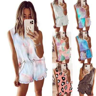 China QUICK DRY Pajamas Summer Round Neck Ladies Casual Round Neck Tie Dyed Sleeveless Leopard Print Sets Tie Dye Set 2 Pieces for sale