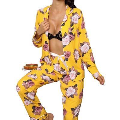 China Lapel cardigan home pajamas long sleeve QUICK DRY set shirt pants matching pajamas ladies loungewear for sale