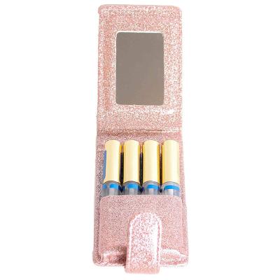 China Handmade Girl Heart Lipstick Lipstick Box Lip Gloss Sparkle Rose Pink Sparkle Leather Storage Makeup Bag With Mirror for sale