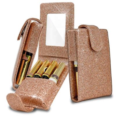 China NATIONAL Rose Gold PU Leather Cosmetic Bag Travel Lipstick Case Equips 4 Mirror Tube Lipstick Case for sale