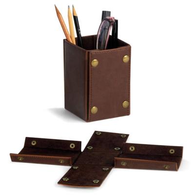 China Foldable Leather Organizing Desk Pen Holder Pencil Organizer with Custom Logo Brown for sale