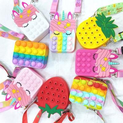 China Fashion Silicone Kids Bag Cute Preschoolers Children Cartoon Shaped Strawberry Pineapple Push Pop Bubble Unicorn Coin Purse for sale