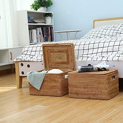 China Indonesia Woven Bed Rectangle Square Baskets Plant Plankton Round Rattan Storage Basket Sustainable Hanging Serving Tray Set With Handle Lid for sale