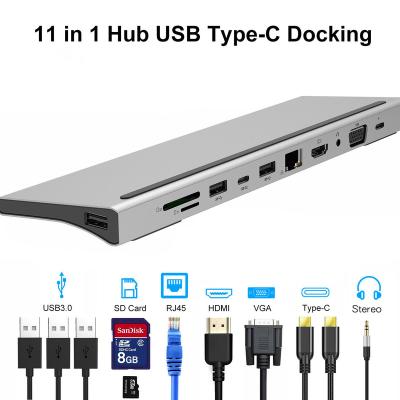 China 11 in 1 USB C HUB Type-C to 4K HDTV VGA USB-C USB3.0 RJ45 TF/SD PD Audio Hub 28cm for sale