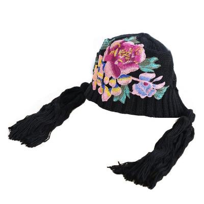 China Jiyun Vintage Yunnan Style Ethnic Winter Knitted Pom Embroidery Floral Hat Unisex Custom Made for sale