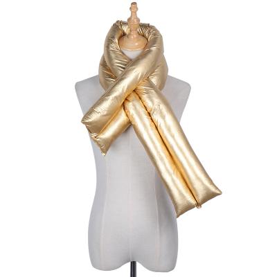 China 2022 Vogue Fashionable Gold Color Puff Scarf Solid Color Shiny Velvet Down Warm Scarves Winter Hijab Shawls for sale