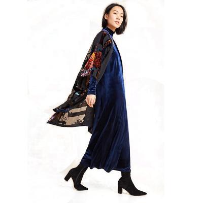 China Jiyun Floral Open Front Plus Size Velvet Burnout Women Kimono Long Velvet Cardigan Black Oversized Flower Print Anti-Shrink for sale