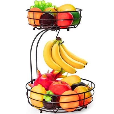 China Sustainable Countertop 2-Tier Fruit Basket Bowl with Banana Hanger for Kitchen, Dining Table, Bronze for sale