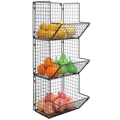 China Sustainable Kitchen Wire 3 Tier Metal Wall Mounted Or Standing Potato Vegetable Or Fruit Storage Basket for sale