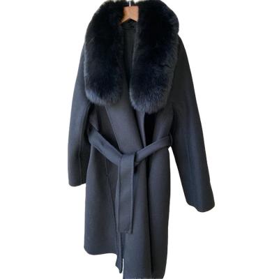 China Women's Black Women's Ladies Double Face Long Fox Fur Winter Windproof Belted Woolen Coat for sale