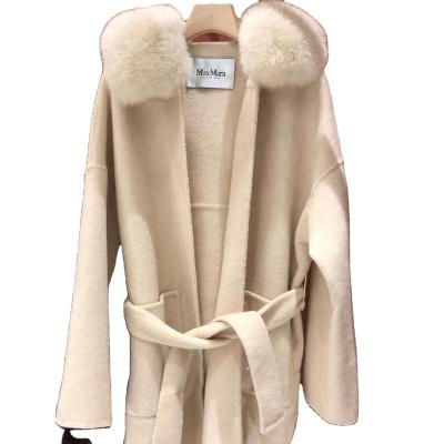 China Windproof 100% Cashmere Coat Women With Belt Fox Fur Trim Double Faced True Wool Coat for sale