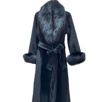 China Waterproof Elegant Style Real Fox Fur Collar Cuffs Women's Winter Coats Long Double Face Wool Cashmere Coat for sale