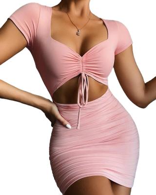 China 2022 Women Dress Anti-static Short V-Neck Sexy Drawstring Cut Plain Dresses Ruched Bodycon Mini Dress for sale