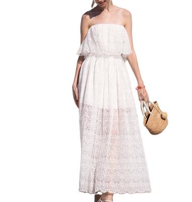 China OEM Service Summer Beach Fashion Anti-Static Women Lace Up Chiffon Maxi Dresses Pleated Long Puffy Sleeve Dresses for sale