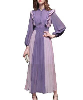 China Anti-Static Women Solid Color Stylish Casual Summer Dresses Long Sleeve Self Belted Chffion Pleated Maxi Dresses for sale