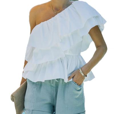 China Anti-wrinkle tops for women 2021 fashion stylish casual summer ruffles one shoulder white tops ladies for sale