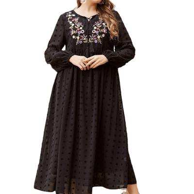 China Summer Breathable Women Plus Size Casual Elegant Vintage Embroidery Dresses Puff Sleeve Chiffon Maxi Dresses for sale