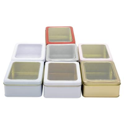 China Rectangular Lid Tin Box Window Tin Box Storage Cookie Gift Tin Box Organizer Half Clear COOKIE Square for sale