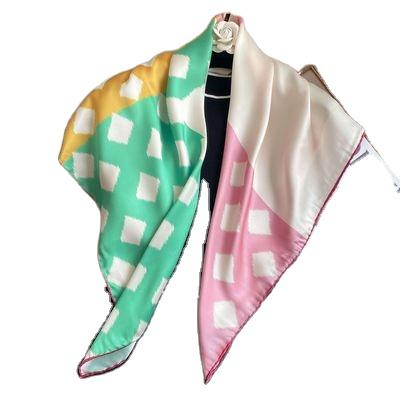 China Silk like spring and summer new women's scarves, twill square scarves, color grid printed beach scarves for sale